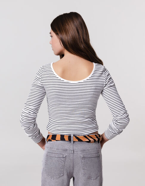Girl's white t-shirt organic cotton ribbed sailor stripes - IKKS