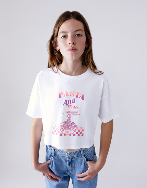 White t-shirt organic cotton visual pasta bowl for girl - IKKS