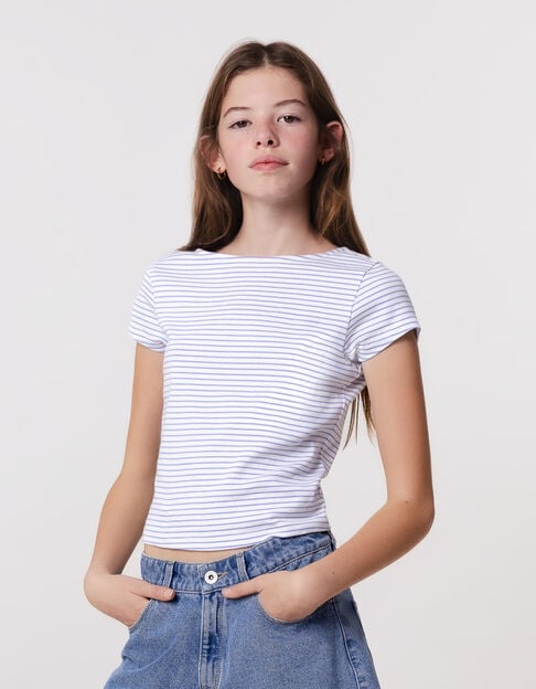 White t-shirt with blue stripes for girl - IKKS