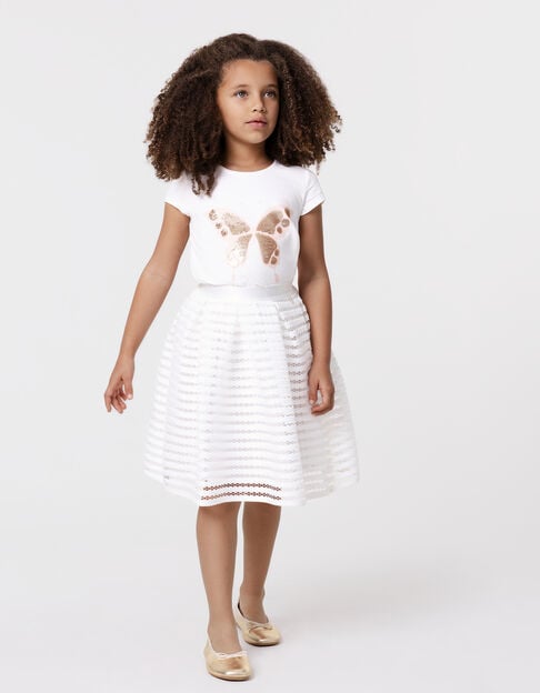 Girls’ white T-shirt with mixed fabric puff sleeves - IKKS