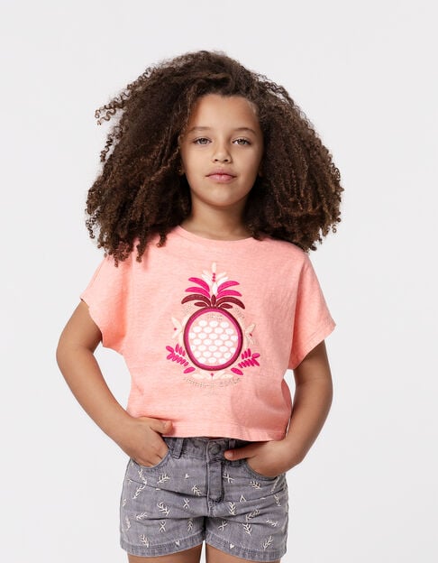 Girl's coral maxi embroidered pineapple t-shirt - IKKS
