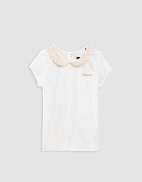 Girls’ ecru T-shirt with Peter Pan collar, buttoned back - IKKS