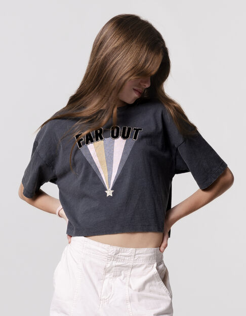 Girl's grey organic cotton t-shirt with stripes - IKKS