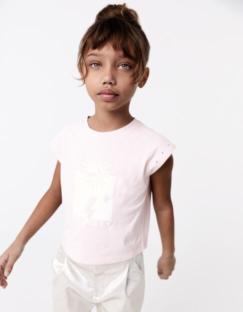 Pink t-shirt with visual glitter and studs for girl - IKKS