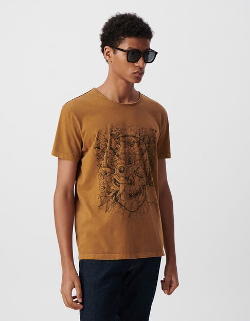 Men's saffron organic cotton T-shirt with skull-mask image - IKKS