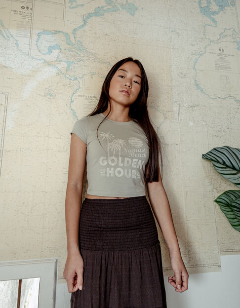 Green t-shirt messages and palm trees cropped girl - IKKS
