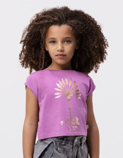 Purple t-shirt organic cotton tiger palm copper girl - IKKS