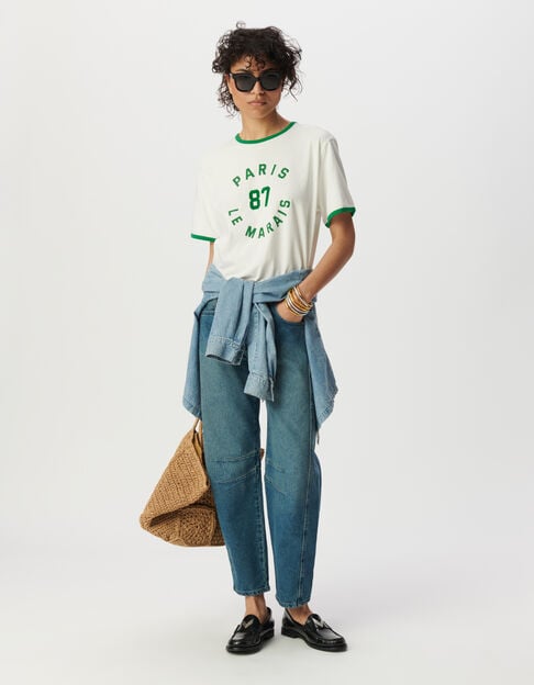 White T-shirt with green slogan ribbing - IKKS