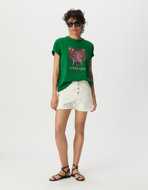 Green crew neck T-shirt with cat and lightning - IKKS