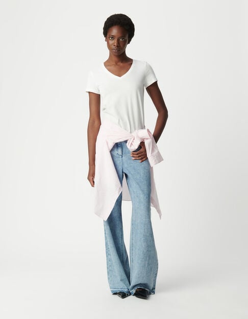 Women's ecru V-neck herringbone embroidery back t-shirt - IKKS