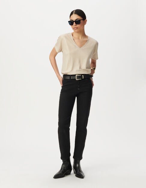 Women’s iridescent beige ribbed short-sleeved T-shirt - IKKS