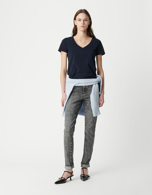 Women's navy V-neck herringbone embroidery back t-shirt - IKKS