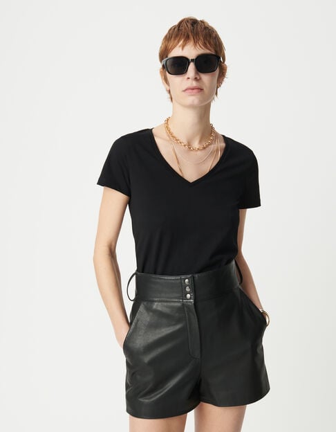 Women's black V-neck herringbone embroidery back tee-shirt - IKKS