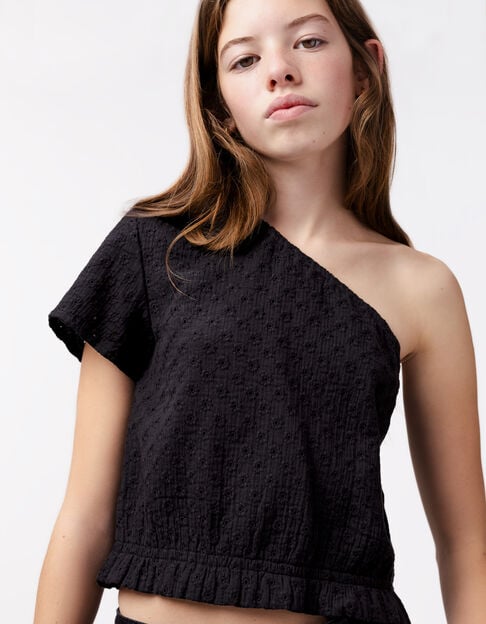 Asymmetrical black top for girls, embroidery anglaise - IKKS