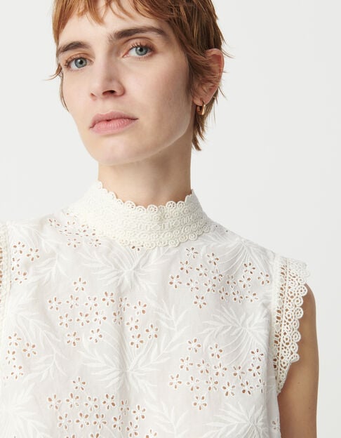 Women's white organic cotton sleeveless top with English embroidery - IKKS