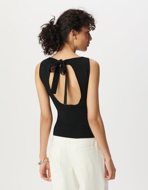 Black sleeveless top, deep back with tie - IKKS