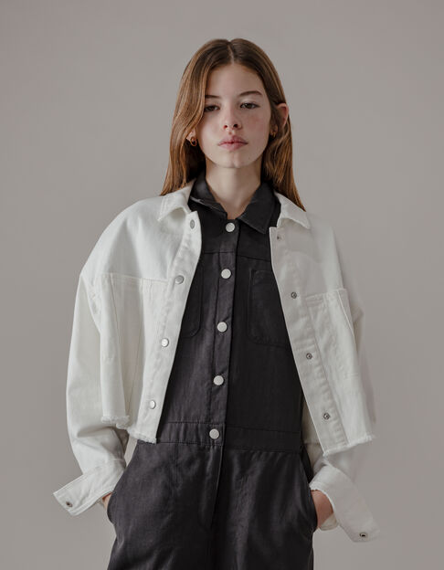 White denim fringed cropped jacket for girl - IKKS